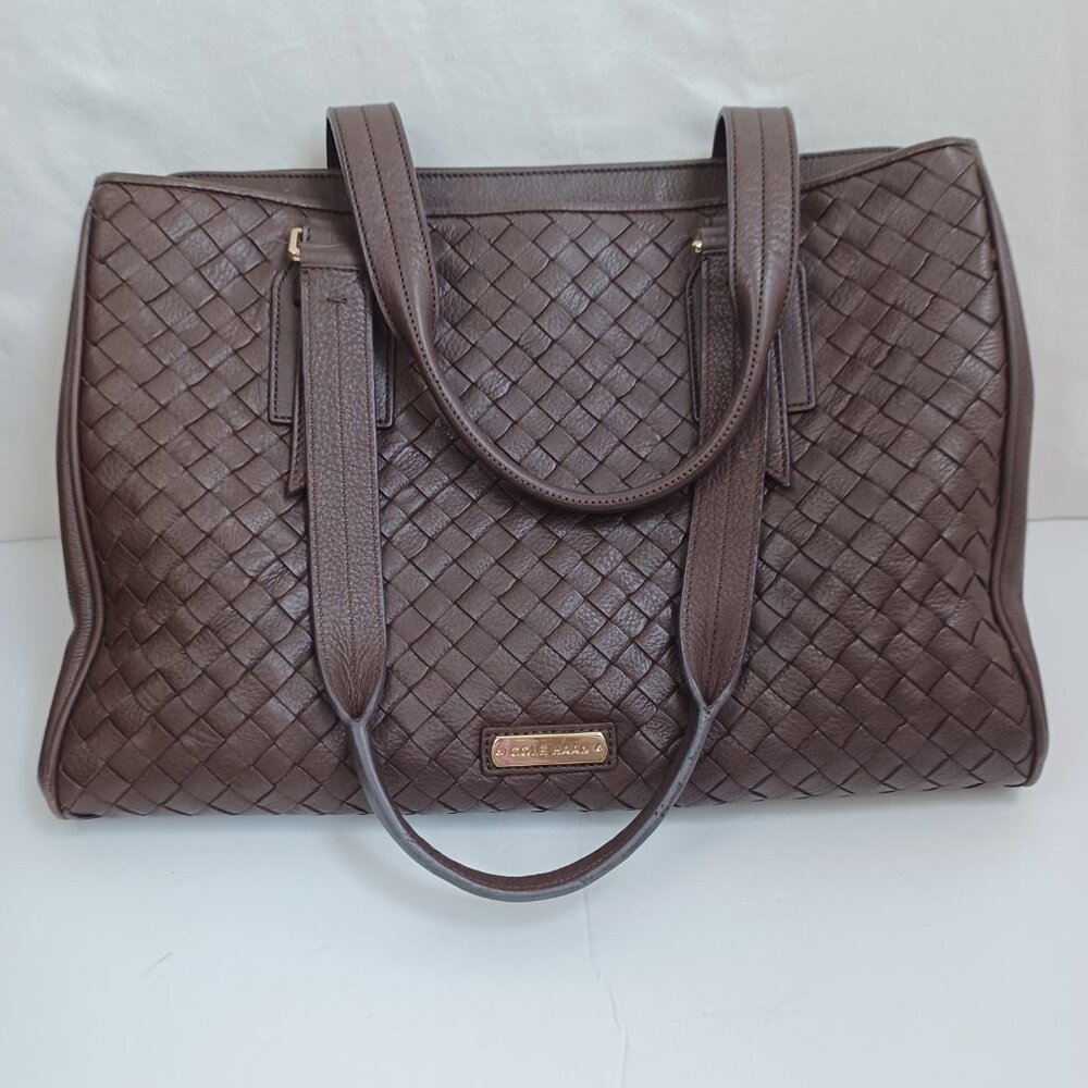 Cole Haan Handbag Dark Chocolate Woven Leather Basket Weave Shoulder Tote - Picture 2 of 16